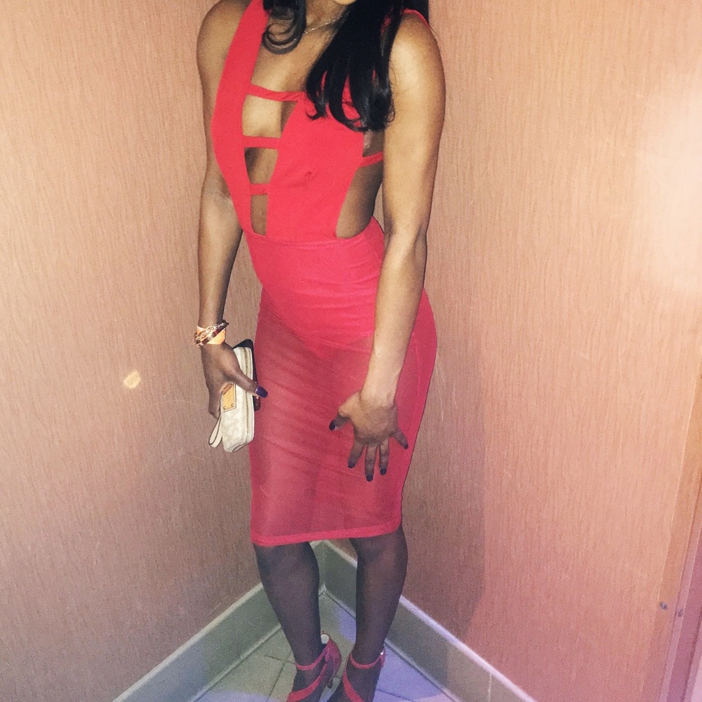 Red Cutout Mesh Bottom Dress